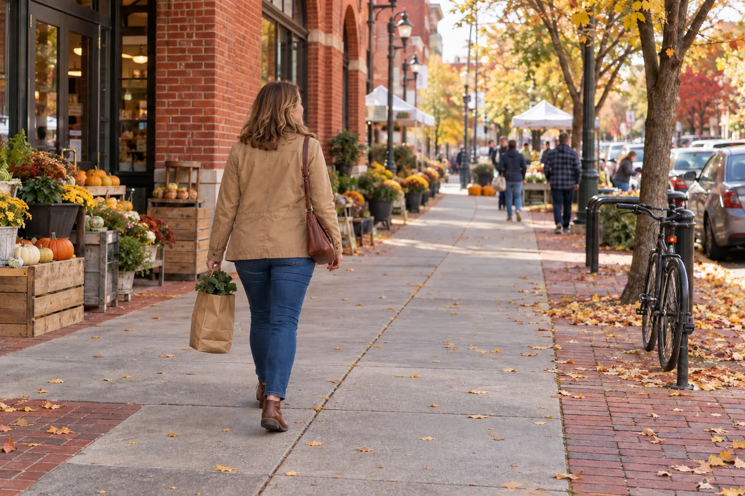 A woman carrying a bag of produce along a brick market street in autumn