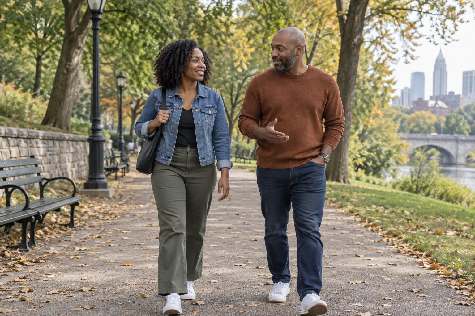 Two adults enjoying a relaxed walk together