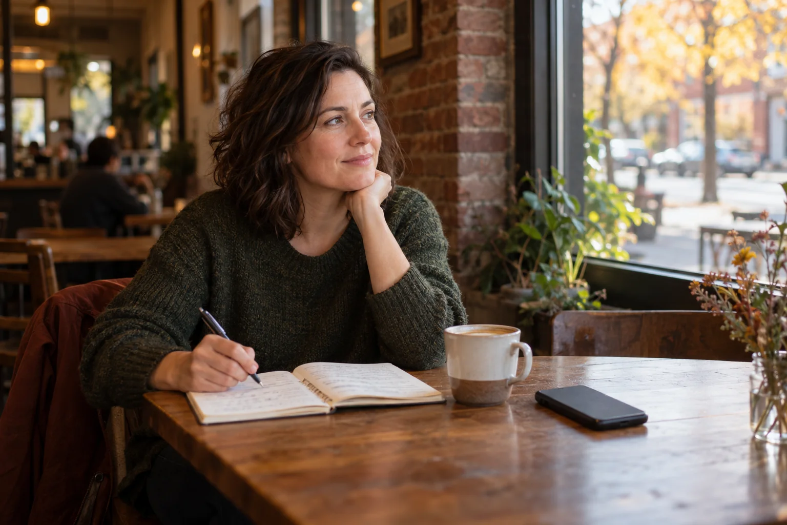 A woman considering her dating goals while writing in a café notebook