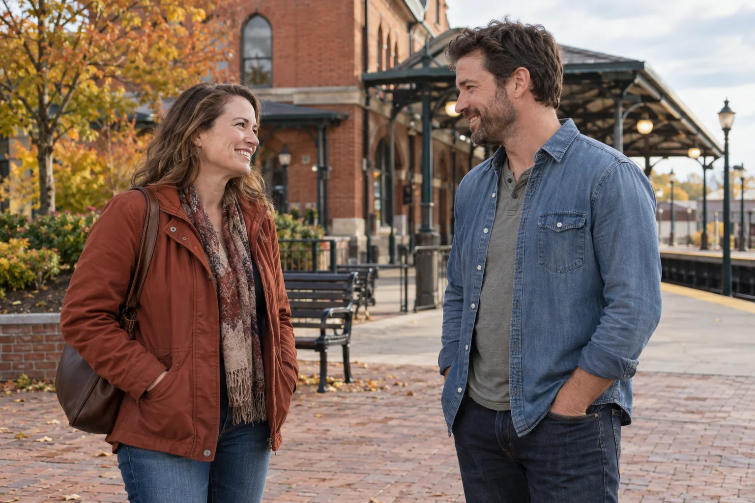 Two adults greeting each other outside a brick railway station on an autumn afternoon