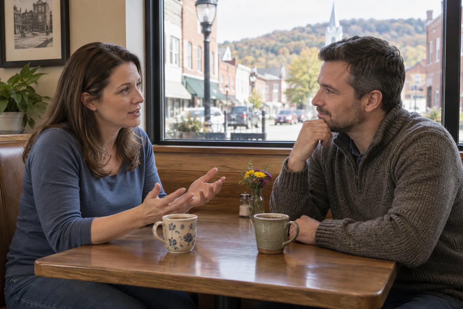 Two adults listening and speaking thoughtfully over tea