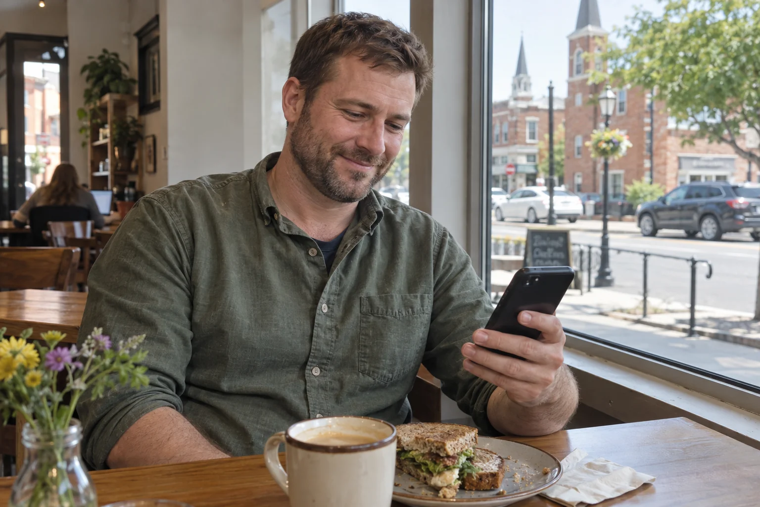 A man smiling as he reads a message at a café