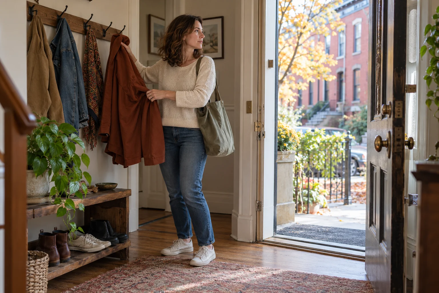 A woman taking her autumn coat before heading out through her apartment doorway