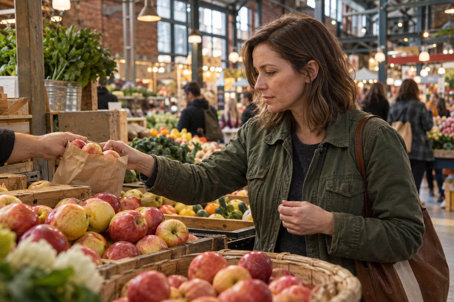A woman choosing apples at an indoor public market