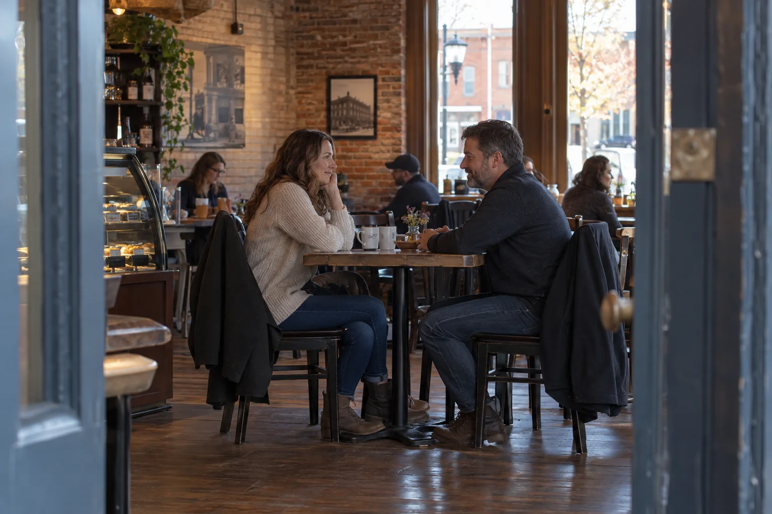A couple talking in a quiet corner of a public café