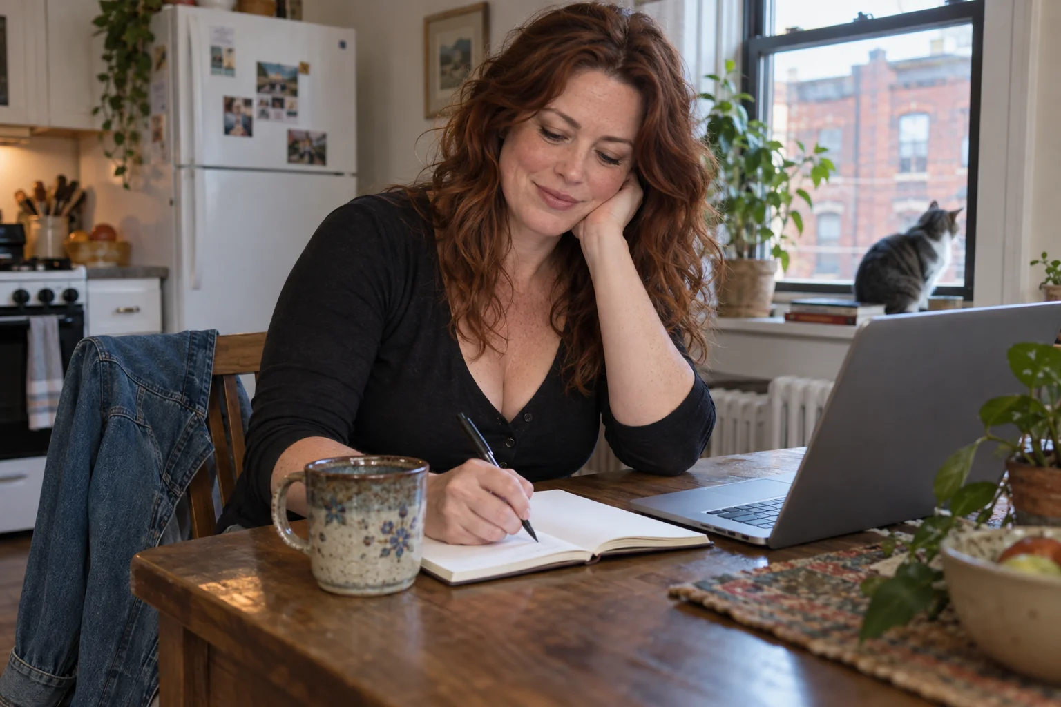 A woman writing personal notes beside her laptop